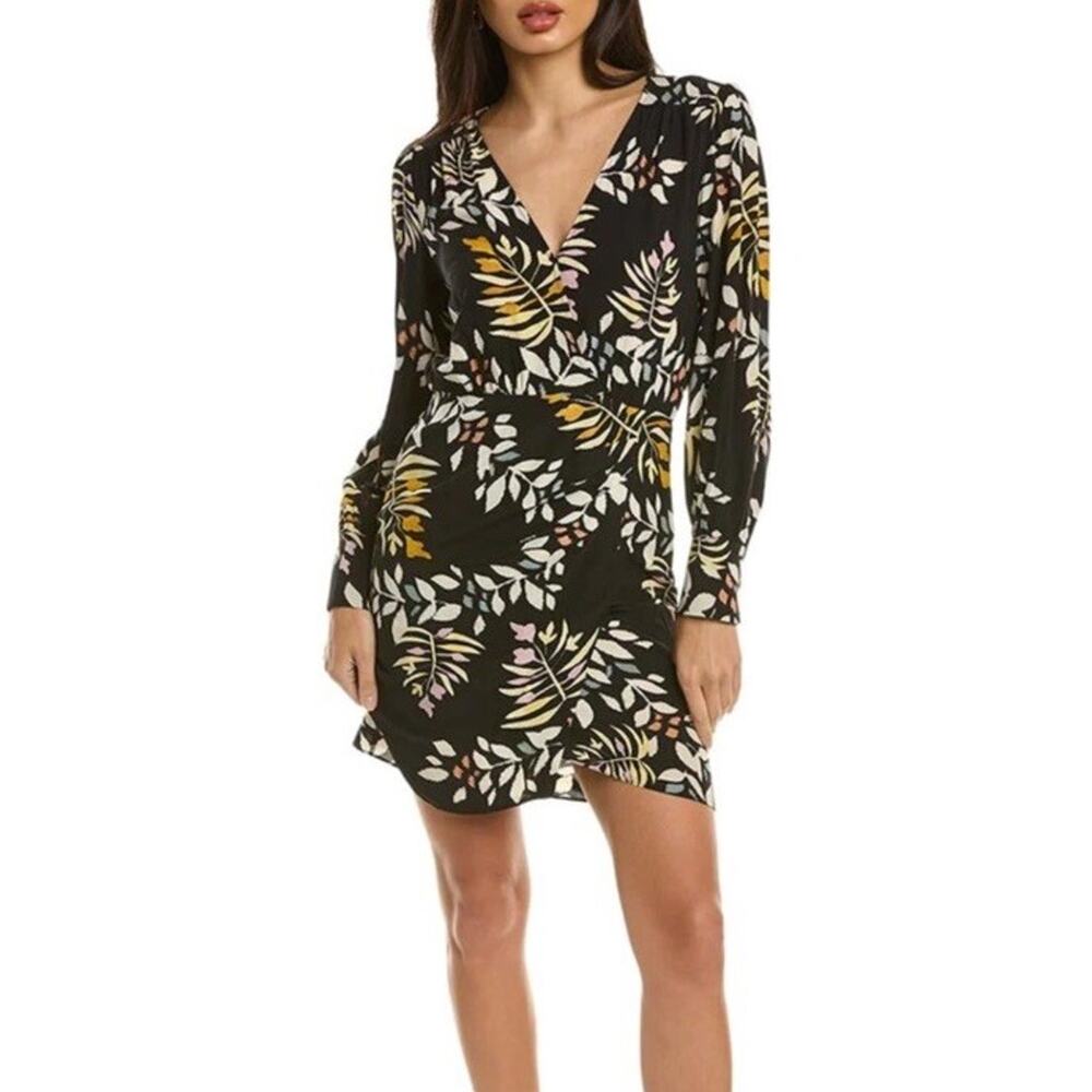 Ba&sh Cassie Leaf Print Mini Dress Black Crepe Womens Size Small
